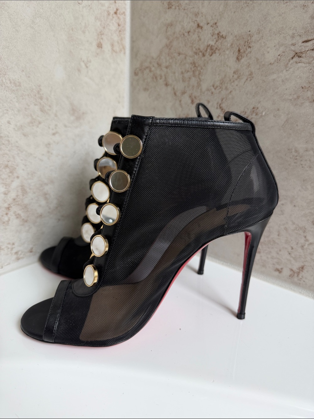 Designer Black Mesh Peep-Toe Stiletto Booties with Gold Button Detail
